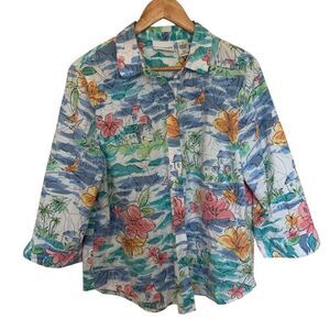 Alfred Dunner Sz 16 Landscape Tropical Floral Snap Button Blouse Resort Wear